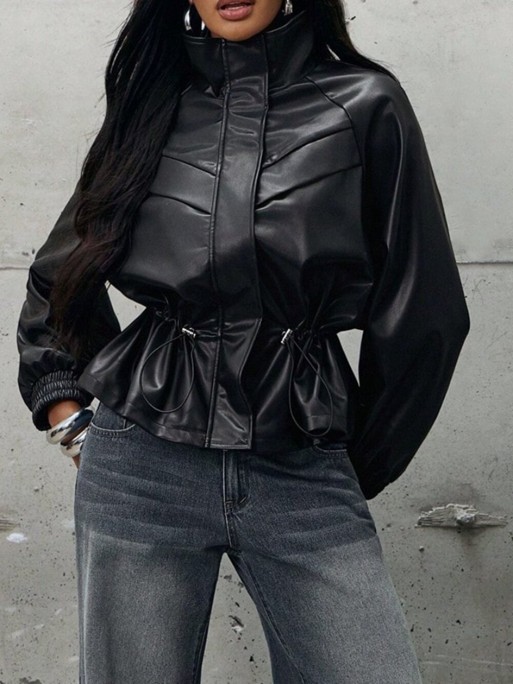 Black Casual Women's Drawstring Waist Regular Jacket